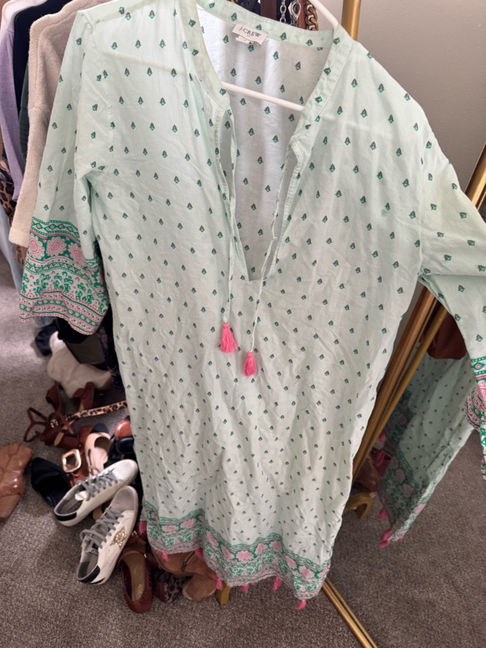 J. Crew Mint Green Tunic with Pink Tassels and Green Border